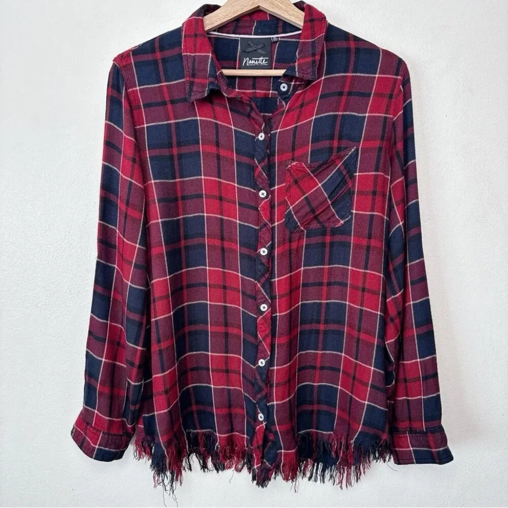 Nanette Lepore Womens  Xlarge Plaid Rayon Fringe Hem Button Shirt